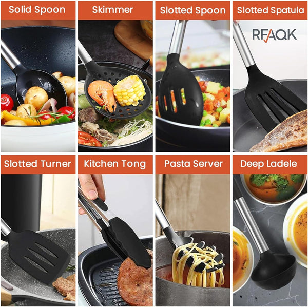 40Pcs Silicone Cooking Utensils Set 446℉ Heat Resistance,  BPA Free Kitchen Utensils Set for Nonstick Cookware, Gadgets Includes Can Opener, Potato Smasher,Peeler,Tongs,Spatula Set,Pizza Cutter6