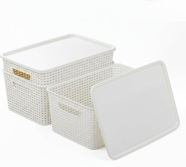 | Plastic Storage Baskets with Lids, 15.5 Liter - 3 Pack, White | the WOVEN COLLECTION | Storage Basket for Shelves Woven Storage Baskets for Organizing Bins Pantry Shelf Organizer Container Bin6