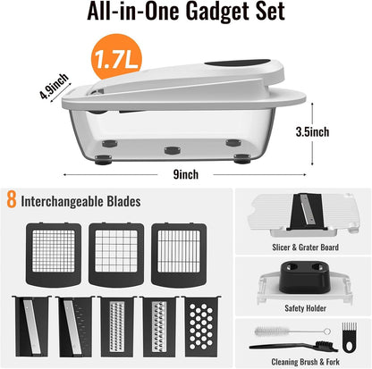 8-Blade Cook Tool & Gadget Sets, Chopper Slicer Grater Set, White | Vegetable Chopper Mandoline Slicer Food Grater with Container for Onion, Veggie Salad2