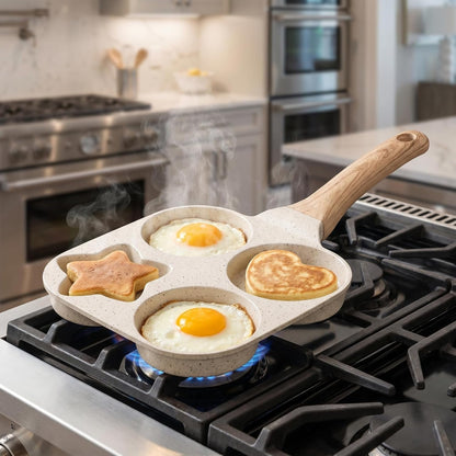 Non Stick 4-Cavity Egg Frying Pan with Heart & Star Shapes, 7.5 Inch Granite Breakfast Skillet, Quick Heating, Easy Clean, Ideal for Eggs & Pancakes4