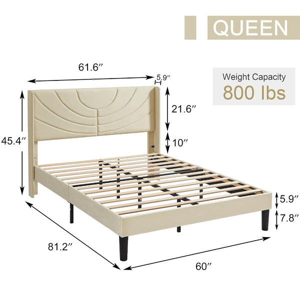 Upholstered Platform Queen Size Bed Frame with Fabric Headboard,Wooden Slats Support/No Box Spring Needed/Mattress Foundation,Beige2