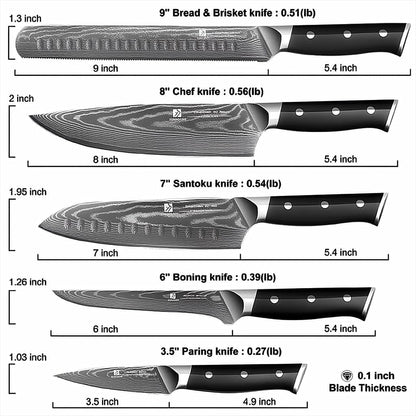 5-Piece Damascus Chef Knife Set: High Carbon Stainless Steel, Professional Ultra Sharp Kitchen Knife Set with Ergonomic Black Handle - Chef/Santoku/Paring/Bread/Brisket/Boning Knives in Gift Box3