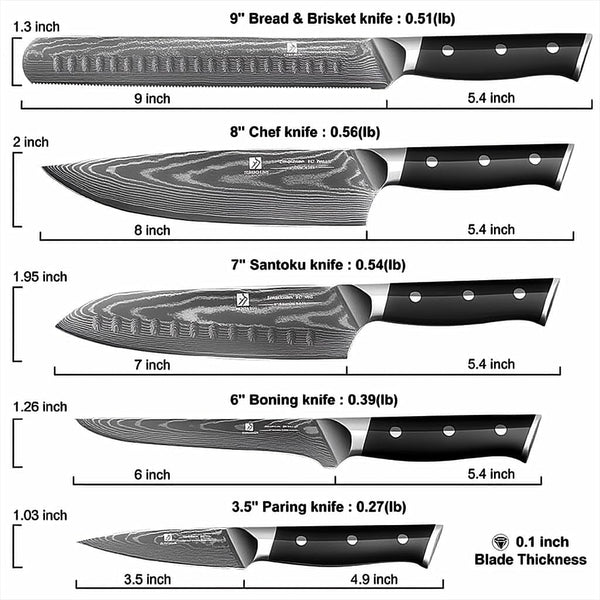5-Piece Damascus Chef Knife Set: High Carbon Stainless Steel, Professional Ultra Sharp Kitchen Knife Set with Ergonomic Black Handle - Chef/Santoku/Paring/Bread/Brisket/Boning Knives in Gift Box3