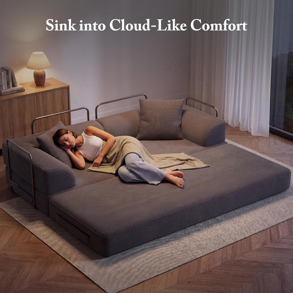 Cloud Boneless Couch Futon Sofa Bed, 5-In-1 Convertible Sofa Bed Pull Out Couch Sleeper Sofa Compressed Loveseat, 70" High-Density Sponge & Corduroy Fabric Futon Daybed for Living Room Bedroom (Gray)4