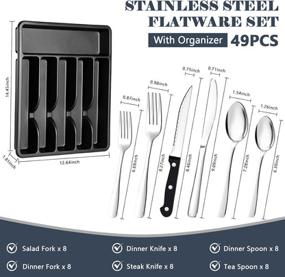 49-Piece Silverware Set with Organizer - Stainless Steel Silverware Set for 8 with Steak Knives and Drawer Organizer, Mirror Polished Flatware Set for Home and Restaurant, Dishwasher Safe2
