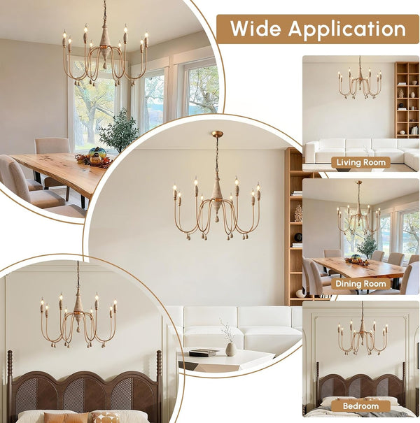 38.2" French Country Chandelier, Modern Farmhouse 8-Light Candle-Style Chandeliers Wood Pendant Light Fixture for Dining Room Living Room3