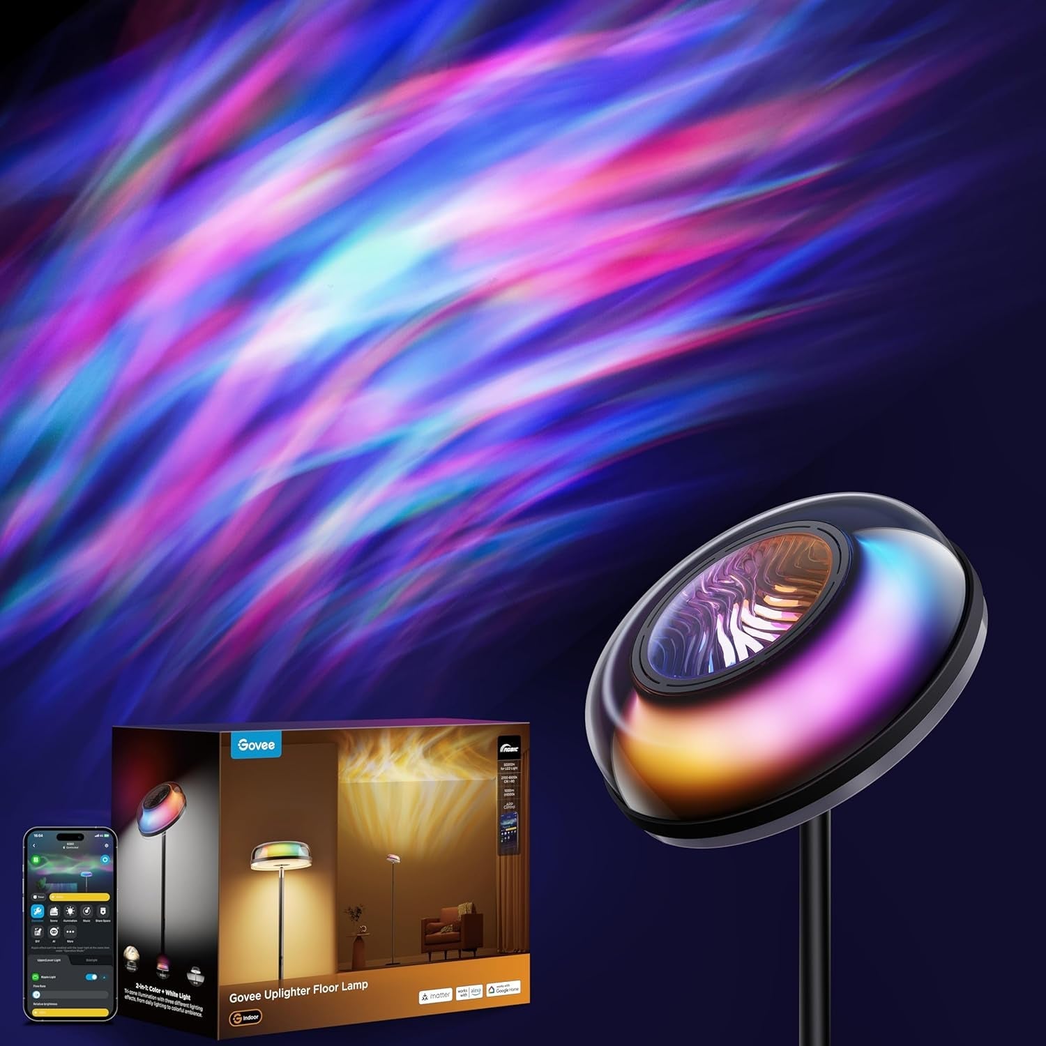 govee-uplighter-floor-lamp-for-living-room-rgbic-ripple-projector-compatible-with-smartthings-alexa-and-matter-led-modern-corner-floor-light-warm-cool-white-standing-lamp-for-bedroom