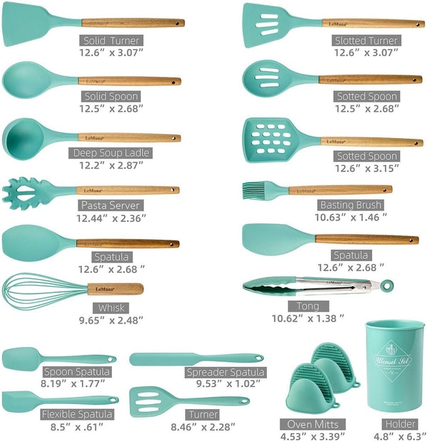 Cooking Utensils Set, 18Pcs Kitchen Silicone Utensils, Heat Resistant Non Toxic & Bpa-Free with Holder & Wooden Handle, Home Essential Accessories, Teal(Turquoise)2