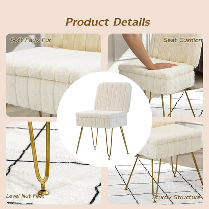 Vanity Chair with Storage | Comfy Ottoman with Folding Back | Faux Fur Vanity Stool with 4 Metal Legs for Make up | Furry Padded Seat with Anti-Slip Feet for Bedroom Dressing Room | White5