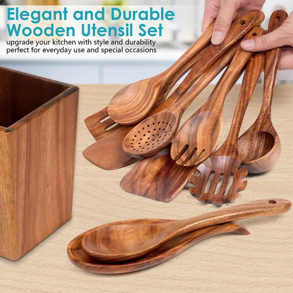 Acacia Wood Cooking Utensils Set - 11Pc Wooden Spoons2