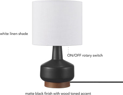 15" Ceramic Table Lamp, Matte Black Base, Wood-Toned Accent, White Linen Shade, Dual Rotary Switch, Modern Bedroom or Office Lighting, 610000465