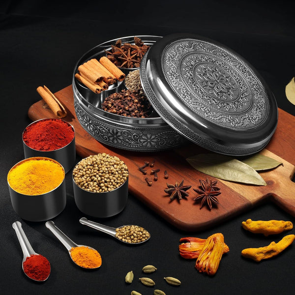 Designer Spice Container Masala Dabba, 7 Spice Jars, Holds 7 Spices, Spice Container Box, Polished Stainless Steel with 7 Serving Spoons, Indian Masala Dabba with Lid, 8 Inch4