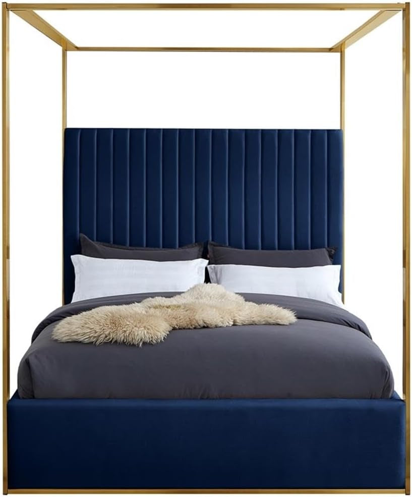 contemporary-velvet-king-bed-navy-finish-deep-channel-tufting-brushed-brass-metal-frame-full-slats-canopy-height-78-5-headboard-height-60-5-elegant-bedroom-furniture