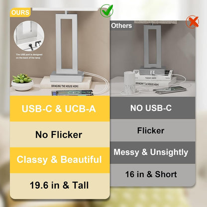 22" Tall Bedroom Lamps for Living Room - Touch Brushed Nickel Bedside Lamps with USB C+A, 3 Way Dimmable Lamp for Nightstand, Modern Night Stands Lamps for End Tables(White&Silver)6