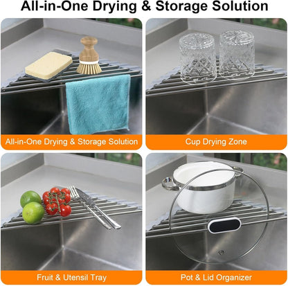 Corner Sink Caddy Triangle Dish Drying Rack for Sink Corner, Sponge Holder Roll up Dish Drying Rack over the Sink, Stainless Steel Kitchen Sink Organizer Drainer Mat Sponge Caddy for Counter Storage5
