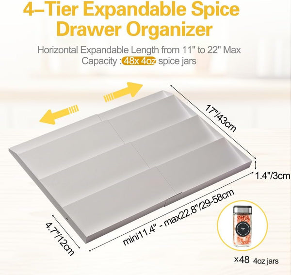 Metal Spice Drawer Organizer, 4 Tier Spice Rack for Drawer, Expandable Seasoning Organizer for 11.4-22.8” Wide Drawer, Holds up to 48 Spice Jars (Not Included), White4