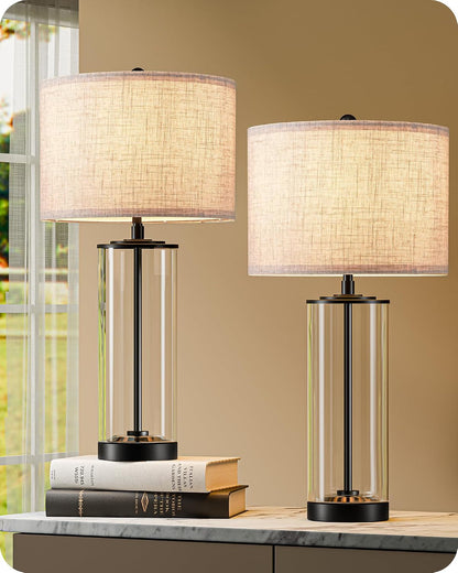 23.6" Glass Table Lamp Set of 2, DIY Refillable, Rotary Switch | Modern Bedside Lamp with Linen Lampshade, E26 Base, Nightstand Light for Living Room, Bedroom, Office1