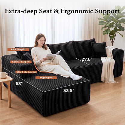 Boneless Couches for Living Room, L Shape Modular Sectional Sofa with Chaise, Corduroy Cloud Couch with Deep Seat, No Assembly Required, Black, Left Facing Chaise6