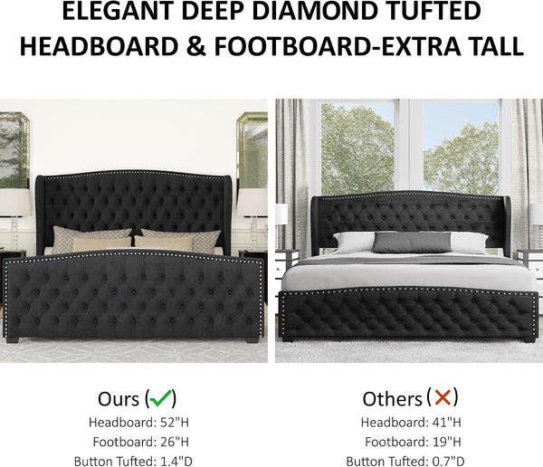 Queen Size Bed Frame with Velvet Upholstered Wingback Headboard6