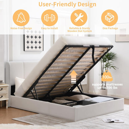Queen Lift up Storage Bed Frame, Velvet-Look Upholstered Bed with Modern Wingback Headboard, Gas Lift Storage, Wood Slat Support, No Box Spring Needed, White6
