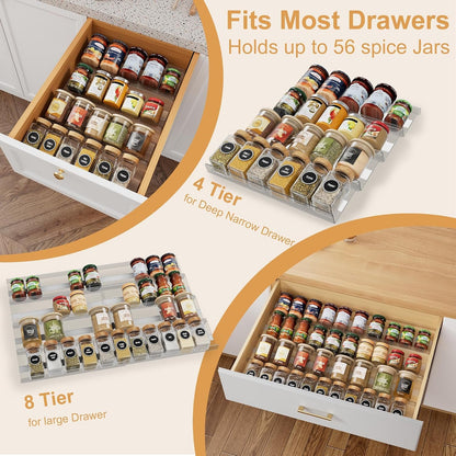 8-Pack Spice Drawer Organizer, Expandable Acrylic Seasoning Rack (13" to 26") with Anti-Slip Mat, Kitchen Spice Rack Holds up to 56 Jars (Jars Not Included)3