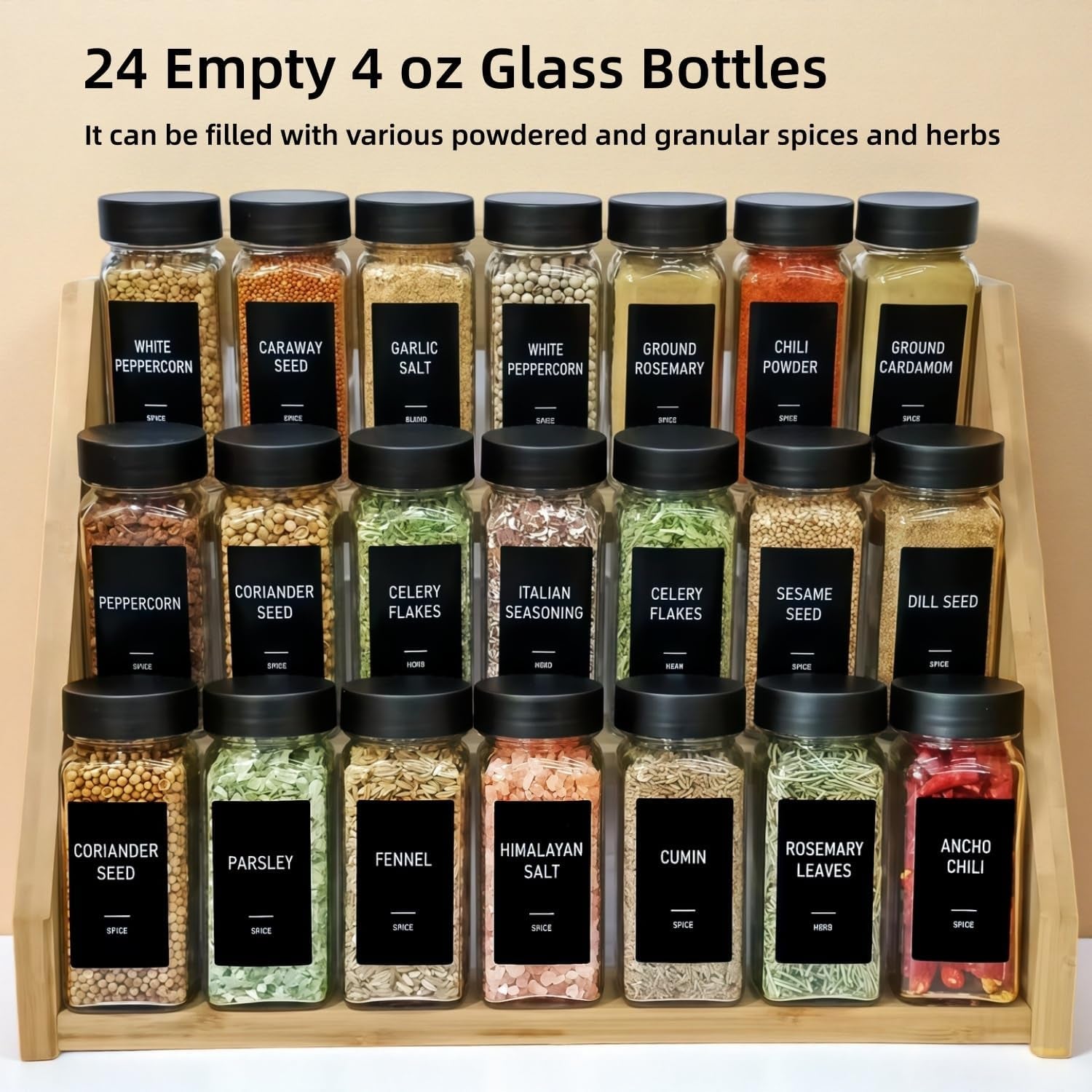 spice-jars-with-labels-24-glass-spice-with-shaker-lids-airtight-plastic-caps-4oz-complete-seasoning-containers-organizer-set-for-cabinet-drawer-rack-black