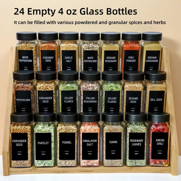 Spice Jars with Labels - 24 Glass Spice with Shaker Lids & Airtight Plastic Caps - 4Oz Complete Seasoning Containers Organizer Set for Cabinet, Drawer & Rack (Black)2