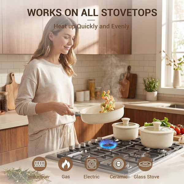 Pots and Pans Set Non Stick, Ceramic Cookware Set with Removable Handles, Stackable Space Saving Kitchen Set, Induction & Oven & Dishwasher Safe, for Small Kitchen, Apartment, RV, Cream White5
