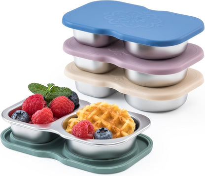 4 Pack Small Stainless Steel 2-Compartment Snack Containers with Lids, Reusable Snack Pack Containers, Lunch Box Accessories,Double Compartment Salad Dressing Containers to Go, 5.3Oz1