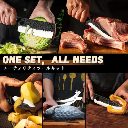 7 PCS Japanese Chef Knife Set with Roll Bag, Gifts for Men | Hand Forged Butcher Knife Set with Sharpening Rod and Poultry Shears for BBQ Camping Kitchen, Gifts for Men Women3