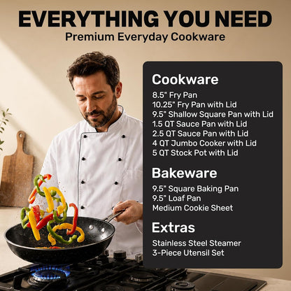 20 Pc Complete Pots and Pans Set Non Stick Cookware Set with Saute Pan, Bakeware, Steamer, Cooking Utensils, Made without PFOA PFOS, Oven and Dishwasher Safe2