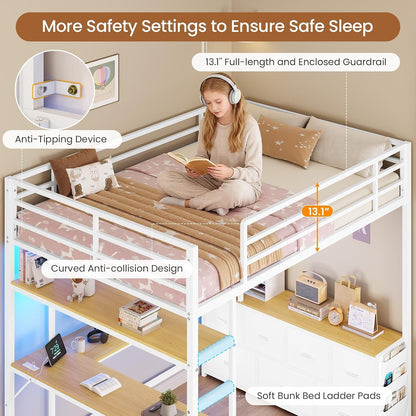 Loft Bed Full Size with U-Shaped Desk,7 Storage Drawers and Charging Station,Metal Full Loft Bed with Led Lights and 2-Tier Storage Shelves,Loft Full Bed with Safety Guardrail and Ladders,White8