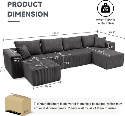 135.4" Sectional Couch for Living Room, U Shaped Boneless Couch, Darkgray3