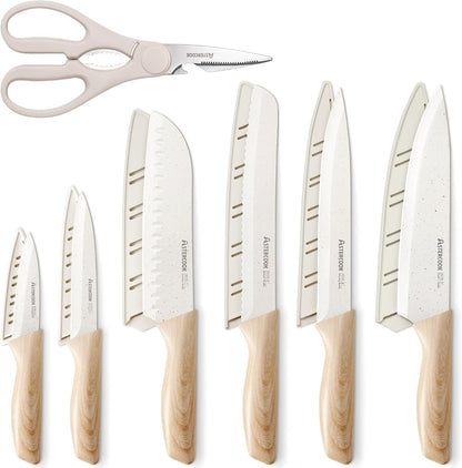 Knife Set, 13 Pieces Kitchen Knives Set with Ceramic Coating, Stainless Steel Chef Knife Sets with 6 Blade Guards, Dishwasher Safe Knives with Wood Grain Handle, Elegant White1