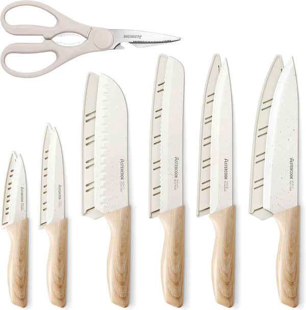 Knife Set, 13 Pieces Kitchen Knives Set with Ceramic Coating, Stainless Steel Chef Knife Sets with 6 Blade Guards, Dishwasher Safe Knives with Wood Grain Handle, Elegant White1