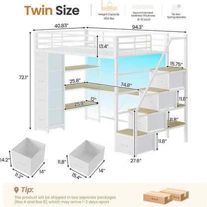 Loft Bed Twin Size with Storage Stairs,Desk and Charging Station,Metal Twin Loft Bed with LED Lights,8 Storage Drawers,3-Tier Shelves,Loft Beds for Kids,Teens,Adults with Safety Guardrail,White2