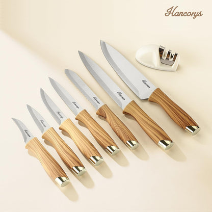 Knife Set, 15 PCS Kitchen Knife Set with Block and Sharpener | German Stainless Steel Gold Chef Knives Set with Ergonomic Wood Grain Handle, Ultra Sharp Cooking Knives Utensils Set7