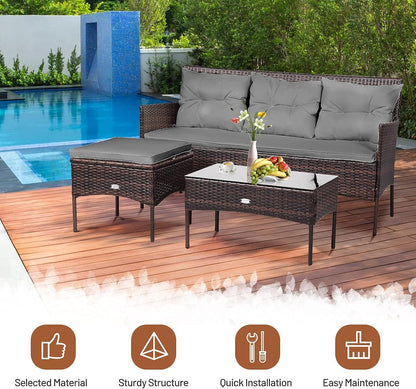 3 Pieces Patio Furniture Sectional Set, Rattan Wicker Conversation Set W/ 5 Cozy Seat & Back Cushions, Tempered Glass Coffee Table for Poolside, Balcony, Backyard Outdoor Furniture (Gray)8