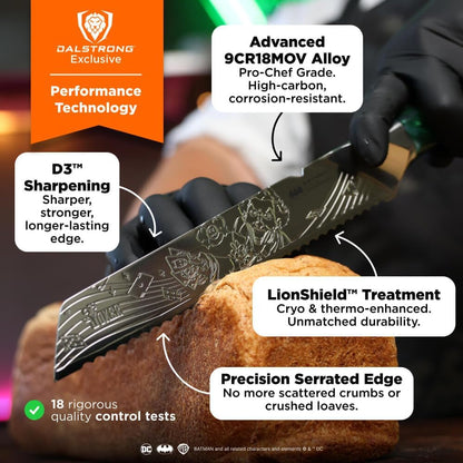 Professional Bread Knife - 8 Inch - the JOKER™ Edition Official License - 5 Layer 9CR18MOV Stainless Steel - Resin Handle - Chef'S Serrated Blade - Collection Item - Knife Sheath3