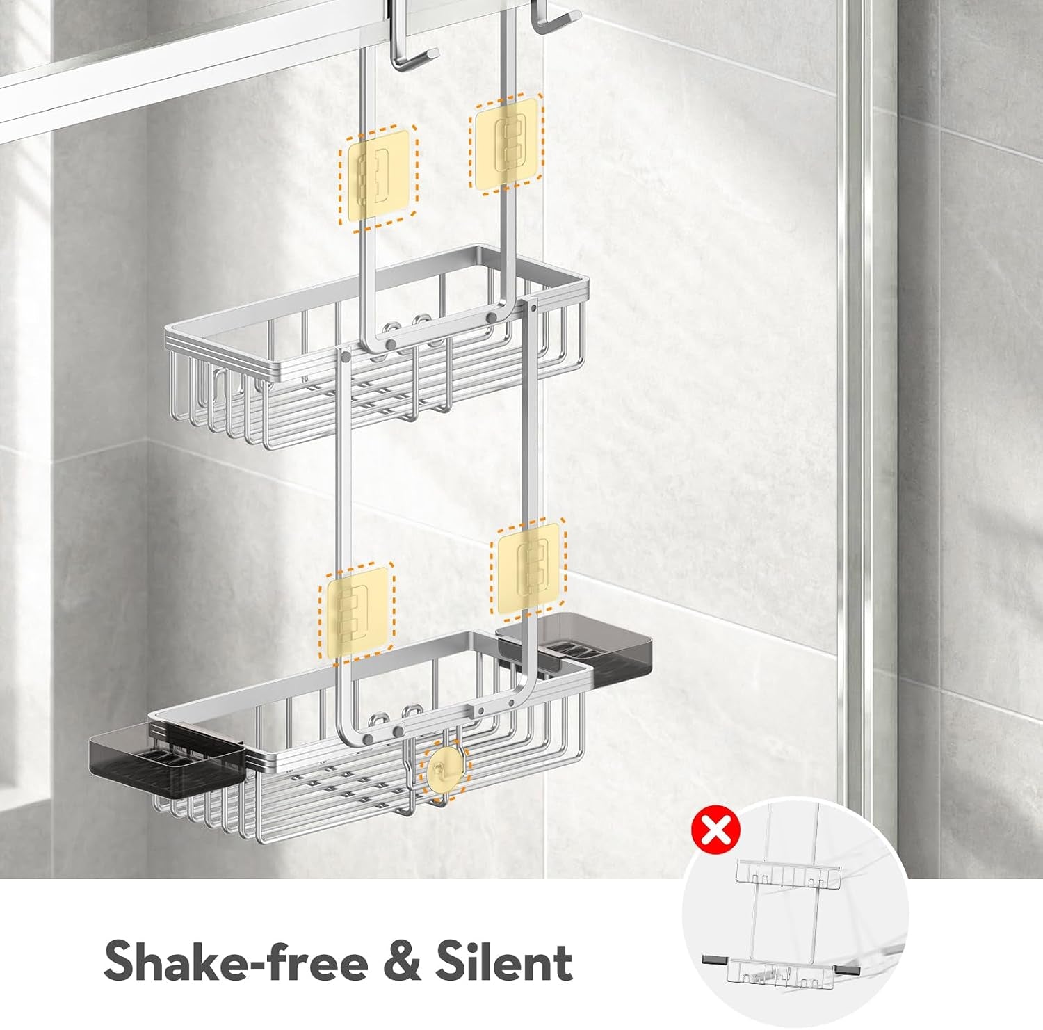 over-the-door-shower-caddy-hanging-with-double-soap-holder-never-rust-aluminum-shower-shelf-with-4-hooks-hanging-bathroom-organizer-no-drilling-shelves-for-bathroom-storage-silver