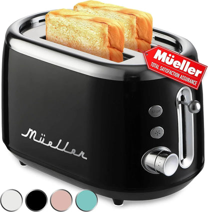MUELLER HOME Retro Toaster 2 Slice, 7 Browning Levels | 3 Functions (Reheat, Defrost, Cancel), Stainless Steel Features, Removable Crumb Tray, under Base Cord Storage,1