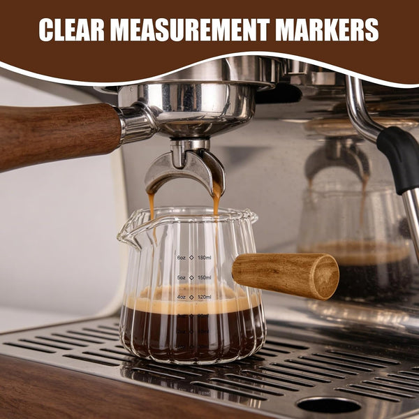 Espresso Cups 6 OZ, Double Spout Espresso Shot Glass with Wooden Handle, Clear Glass Measuring Cup for Espresso Shots & Milk, Espresso Accessories for Coffee Machine2