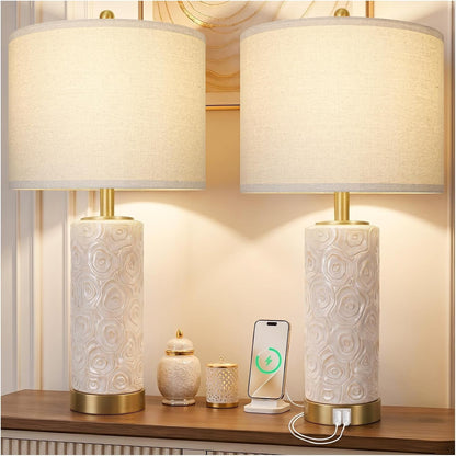 25.5" Boho Ceramic Table Lamps Set of 2 with 3-Way Dimmable Bulb | Modern Table Lamp with USB A+C Ports, Rotary Switch, Bedside Lamp with Linen Shade, for Bedroom Living Room (Bulb Included)1