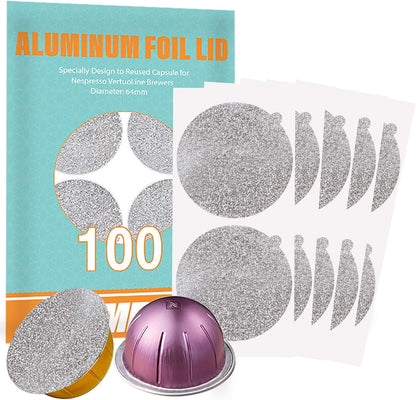 Aluminum Foils Lids to Reuse Vertuoline Capsules Coffee Pods Compatible with Nespresso Vertuoline Machine 64Mm(100/Package)1