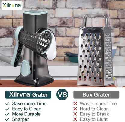 Rotary Cheese Grater with Handle Kitchen Shredder Slicer Grater Slicer Ice Shaver Cheese Vegetable Nuts Potato Zucchini Chocolate 3 Interchangeable Blades (Greyblue2