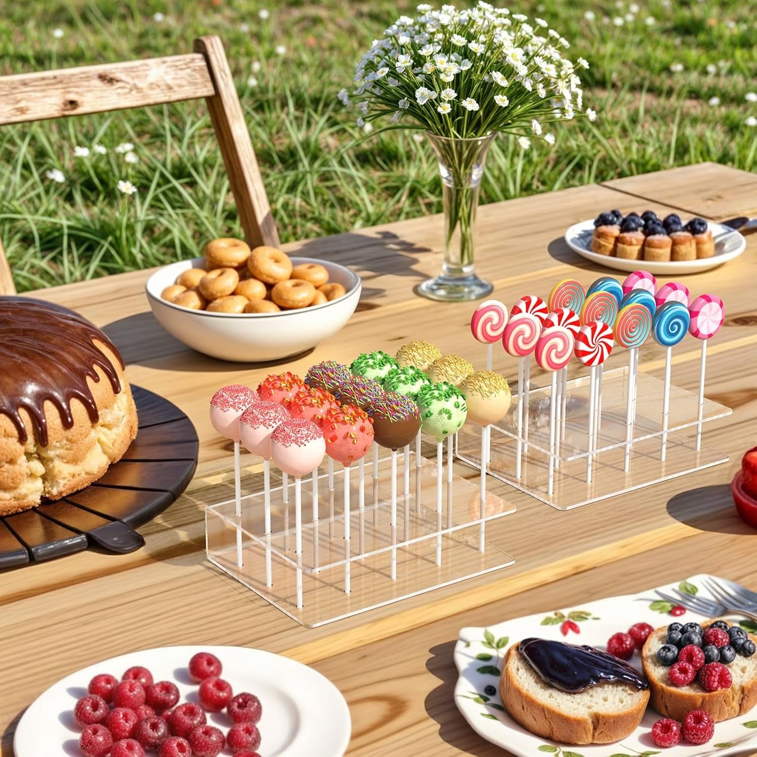 2-pack-cake-pop-stand-with-sticks-kit-acrylic-lollipop-hold-stand-clear-cake-pop-display-holder-15-holes-candy-pop-holder-with-100-pcs-sticks-100-pcs-clear-wrappers-100-pcs-gold-twist-ties