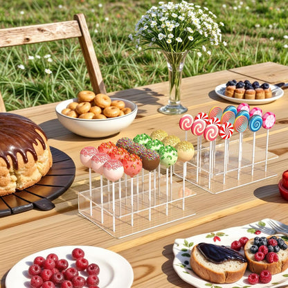2 Pack Cake Pop Stand with Sticks Kit, Acrylic Lollipop Hold Stand | Clear Cake Pop Display Holder, 15 Holes Candy Pop Holder with 100 Pcs Sticks, 100 Pcs Clear Wrappers, 100 Pcs Gold Twist Ties7