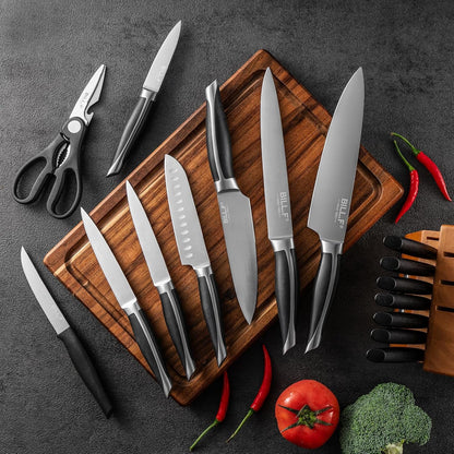 Wood Kitchen Set Knife Set for Kitchen with Block Stainless Steel Knives 17 Pcs and Cutting Board with Groove,Black Handles and Sharp Stainless Steel Professional Chef Knife Set3