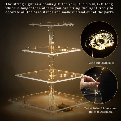 Cupcake Stand with Yellow LED Lights, 4 Tier Cupcake Stand for 50 Cupcakes, Acrylic Cupcake Tower Stand, Clear Tiered Cupcake Holder for Birthday Candy Bar Décor Weddings, Parties Events6