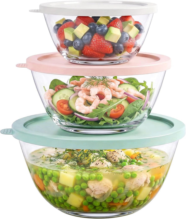 Borosilicate Glass Mixing Bowls with Bpa-Free Lids Set of 3 (4.7, 2.9, 1.6 QT), Large Salad Bowl for Kitchen Baking, Cooking, Serving, Meal Prep, Dishwasher, Freezer & Microwave Safe1